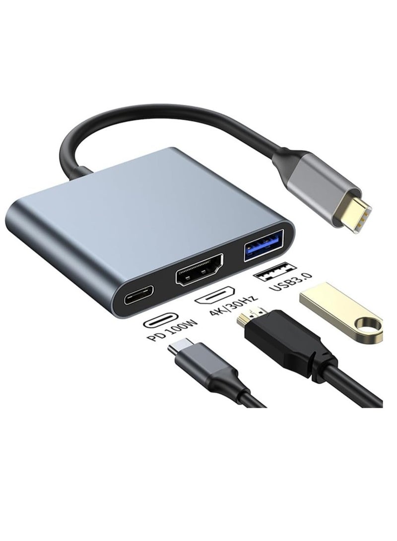 محول من USB-C إلى HDMI للماك، محول 3 في 1 مع إخراج 4K HDMI، منفذ USB 3.0 وشحن سريع بقوة 100 واط، متوافق مع ماك بوك برو، آيفون 15، سامسونج جالكسي S24/S23، ديل XPS - Image 1